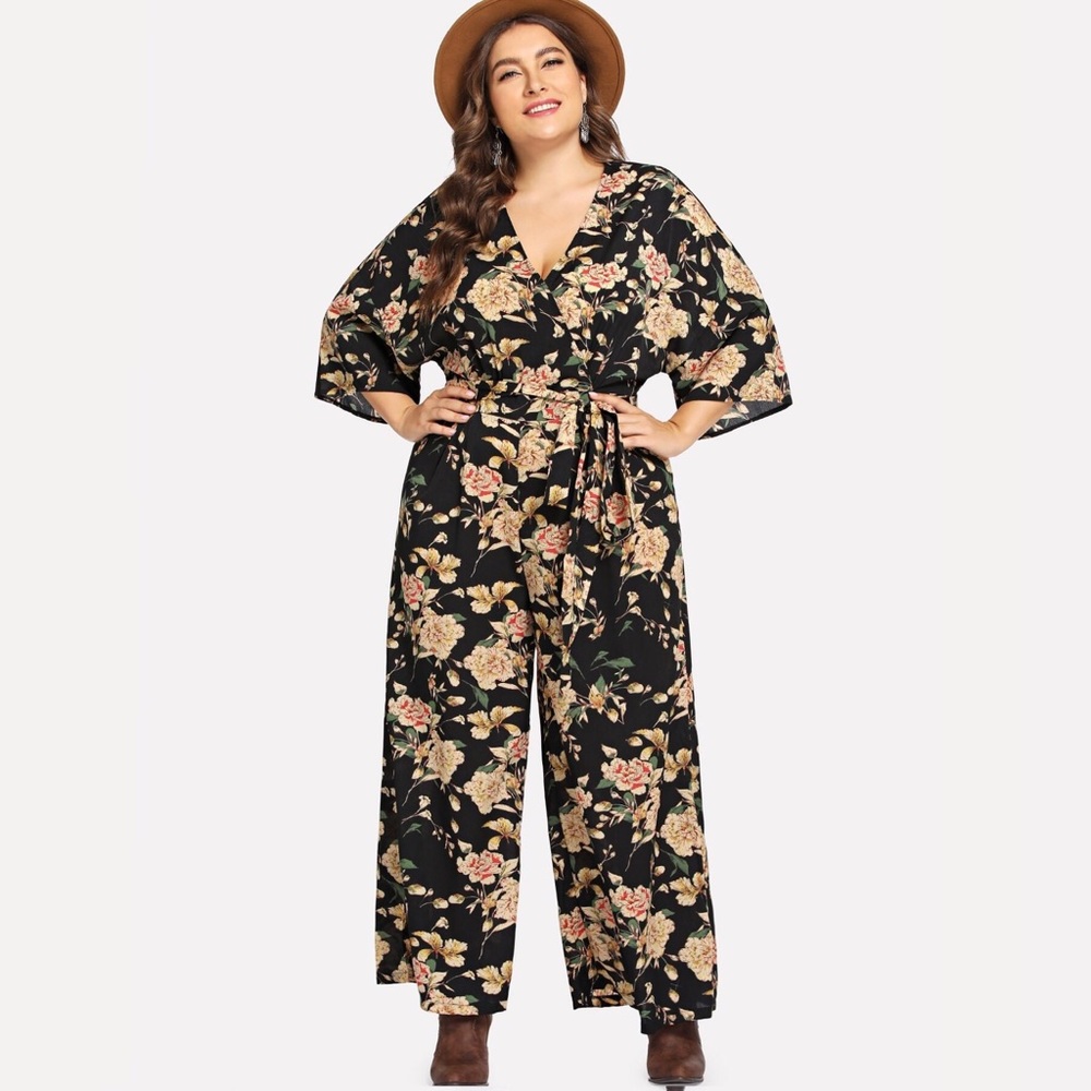 Plus Surplice Neck Wide Leg Botanical Overall - Picture 2 of 7